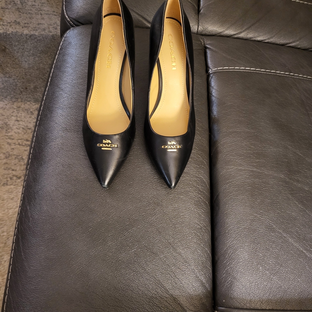 Coach Black Leather Heels with Gold Accents - Picture 3 of 5